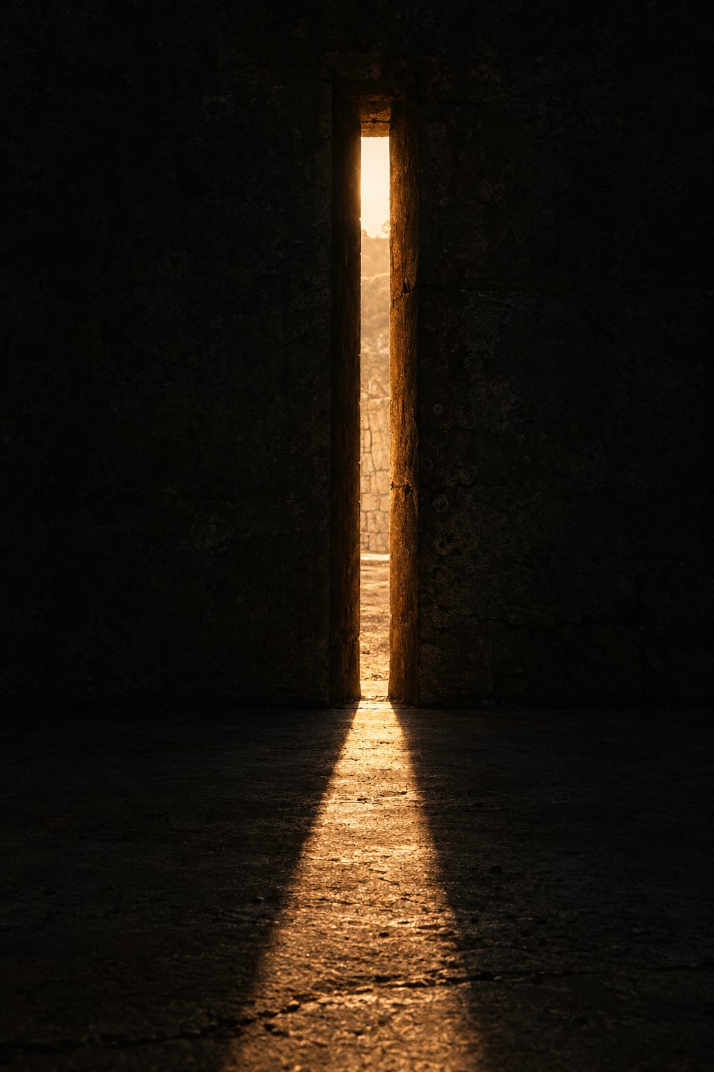 A very narrow stone doorway with intense low sunlight pouring through onto a dark floor.