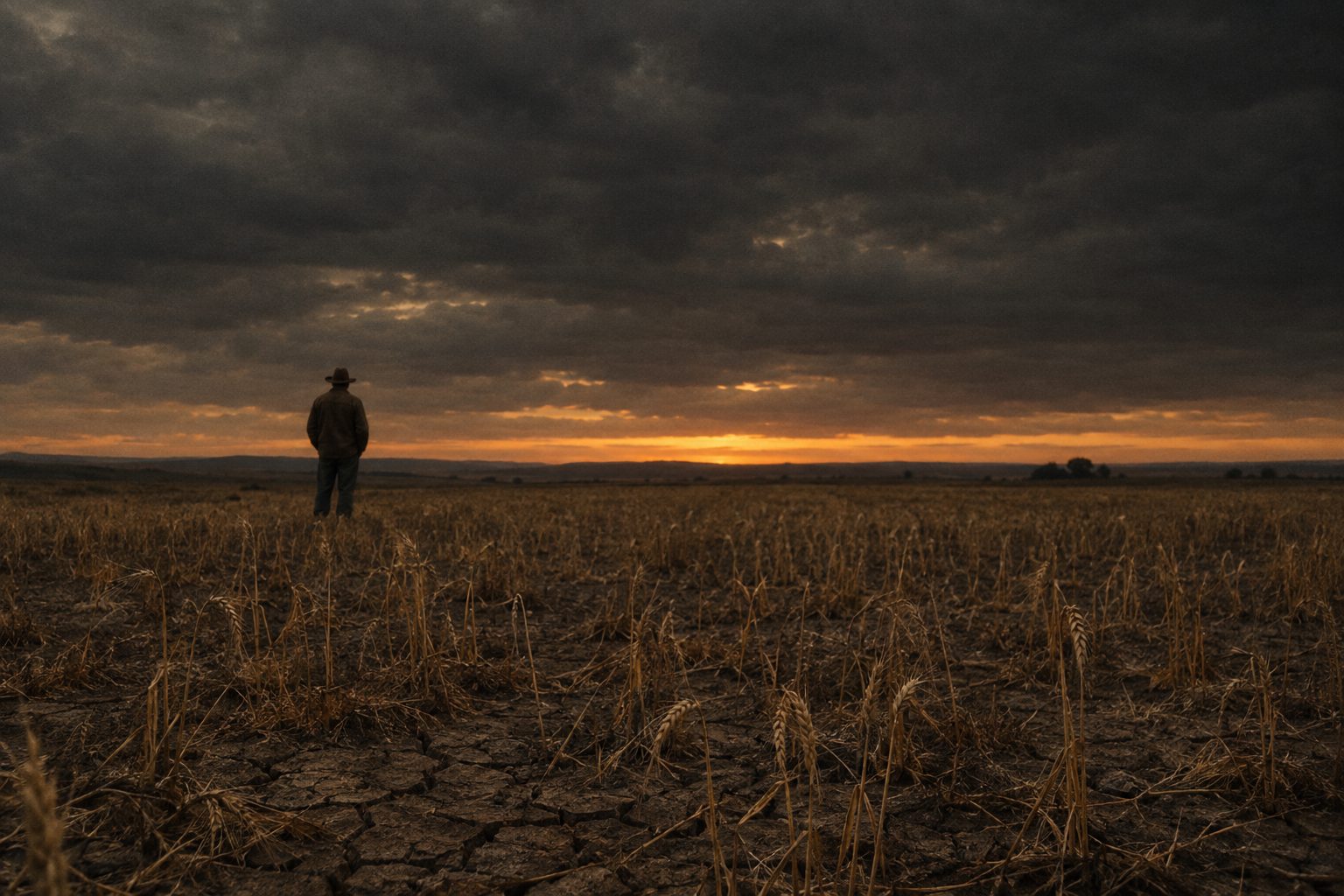 A farmer standing alone at the edge of a thin, failing wheat field at dusk.